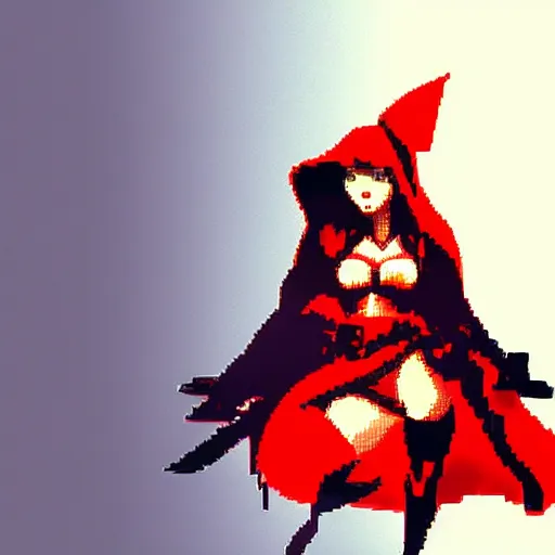 Prompt: evil little red riding hood, yoji shinkawa, pixel art