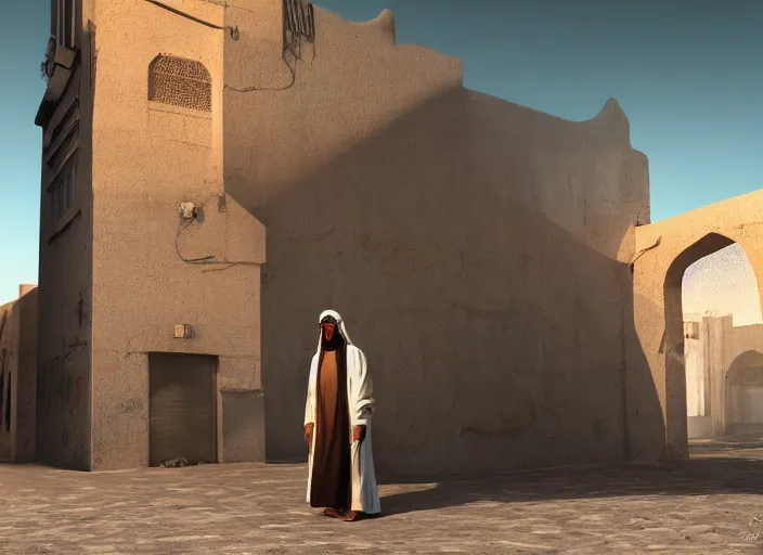 Image similar to old jeddah city alley, roshan, old shops, horse, magical glowing sand gateway to another dimension, several robots and a man wearing a white robe standing watching over, dramatic lighting, dawn, by caspar david friedrich, unreal engine 5