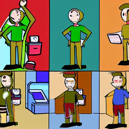 Image similar to Baldi from Baldi's Basics shopping for video games in London in the style of a 90's era cartoon.