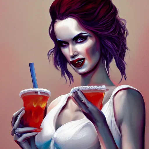 Prompt: Death as a woman holding a cocktail, kodachrome, high contrast, highly detailed, sharp focus, digital painting, concept art, illustration, trending on artstation,