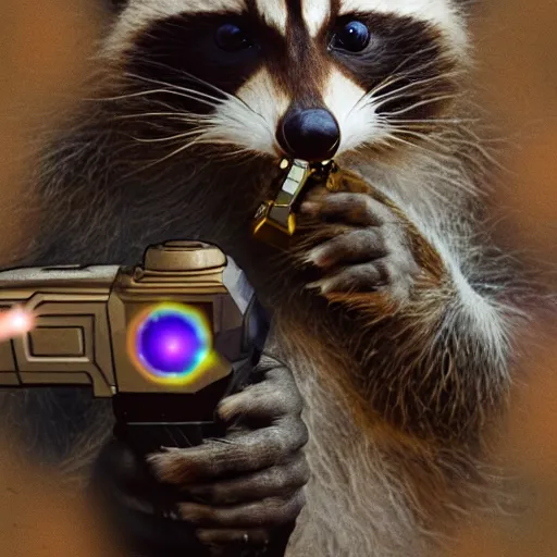 Image similar to racoon holding a laser gun, digital art , centred award winning 4K