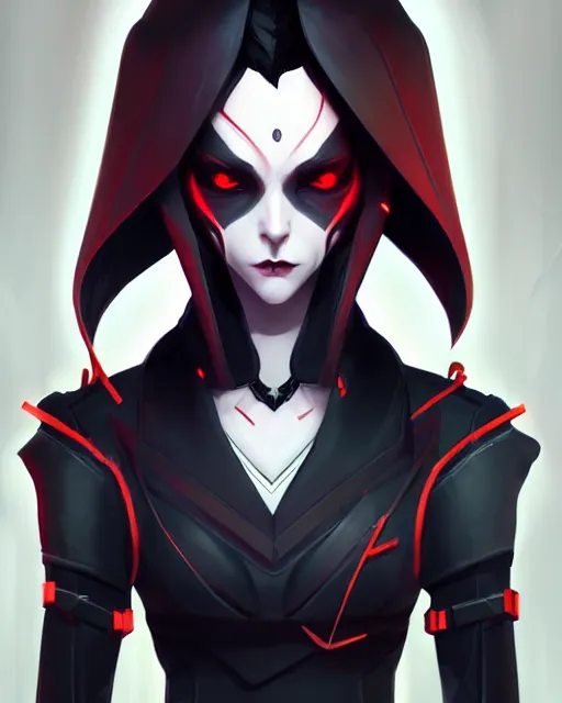 Image similar to hq rendering, dark vampire, character portrait, concept art, painterly, fanart, highly detailed in the style of overwatch by ilya kuvshinov, wenjun lin, angular geometric symmetrical design