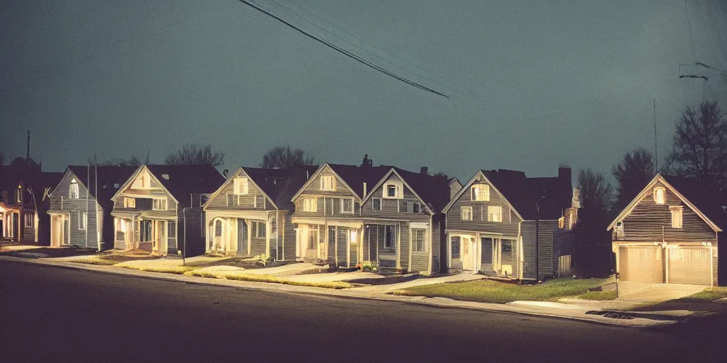 Image similar to small suburban houses in America at night by Wes Anderson, fantasy, moody lighting, dark mood, imagination, cinematic