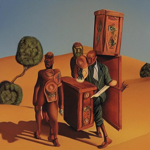 Image similar to a surrealism fantasy painting of the three men carrying a chest in the desert by finlay virgil