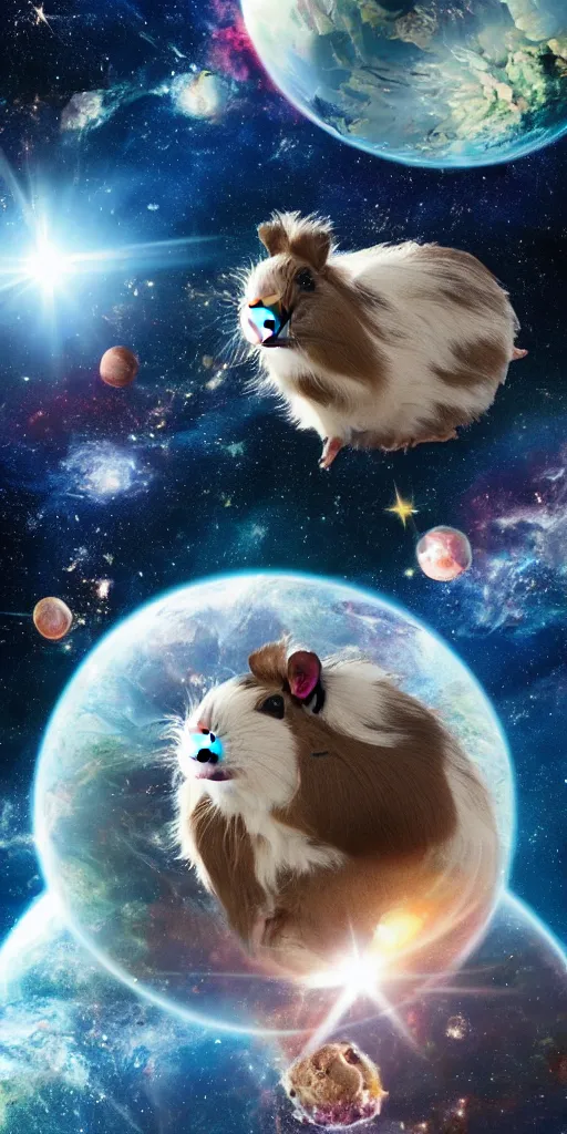 Image similar to ultra realistic guineapigs floating in space suits floating in space on the cover of vogue magazine, 4 k, 8 k, nebula, universe, many stars, space station