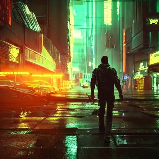 Image similar to A man with nothing left to lose, wandering in the hostile neon-soaked dirty streets of a city from the future, armed and dangerous, cyberpunk. night, rain, dark clouds, realistic 4k octane beautifully detailed render, 4k post-processing, highly detailed, intricate complexity, epic composition, magical atmosphere, cinematic lighting, masterpiece, ultra hd