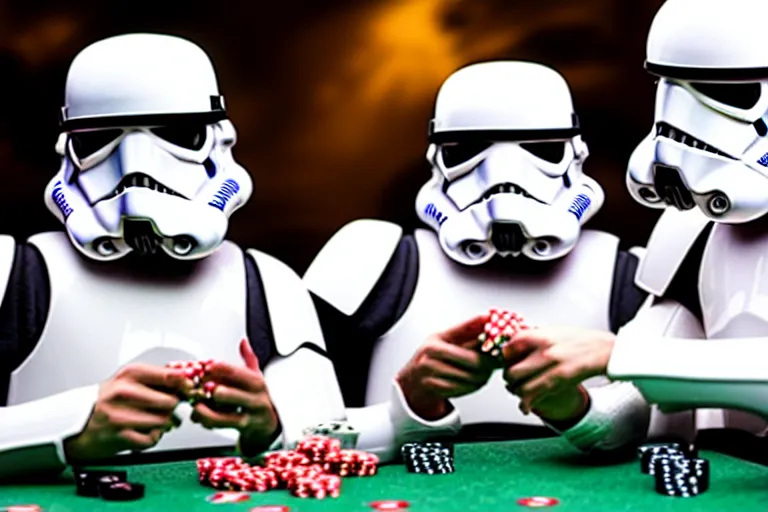 Prompt: a photo of two stormtroopers playing craps in las vegas, wide shot, 3 5 mm, bokeh, blurred background, colorful lights