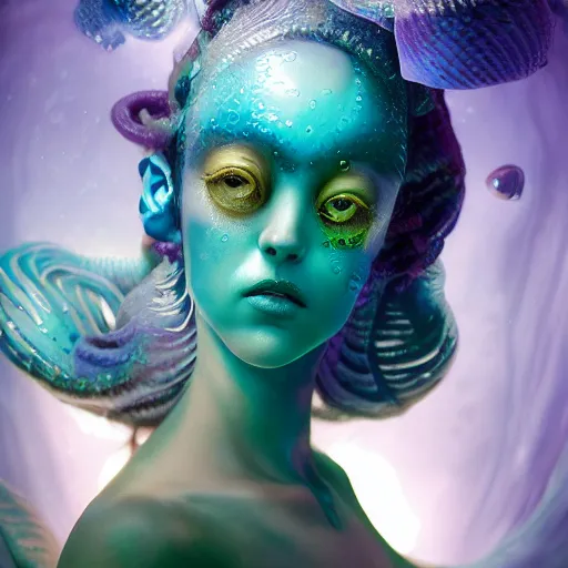 Image similar to tom bagshaw, ultra realist portrait waves miniatures underwater curiosities squids carnival, a single very beautiful dollpunk with long tentacles hairs in full underwater mermaid armor, symmetry accurate features, focus, very intricate ultrafine details, green purple aqua volumetric lights, award winning masterpiece, octane render 8 k hd