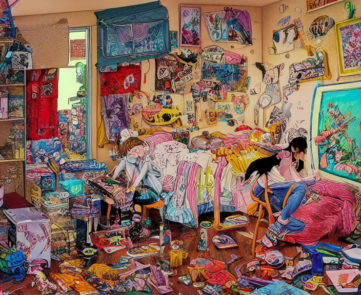 Image similar to highly detailed colorful illustration of a teenager in her room in the 9 0's, very detailed, clean shaped illustration by kim jung gi, ron english and eiichiro oda