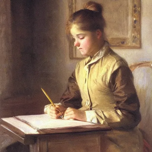 Prompt: a teenage girl with a ponytail is writing a letter with a golden feather pen, by anders zorn, oil painting