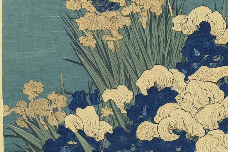 Image similar to an amazing ukiyo - e drawing of a scene with irises by katsushika hokusai, utagawa kuniyoshi and utagawa hiroshige and van gogh, masterpiece, hyperdetailed!!!, intricate, complex, closeup, 4 k