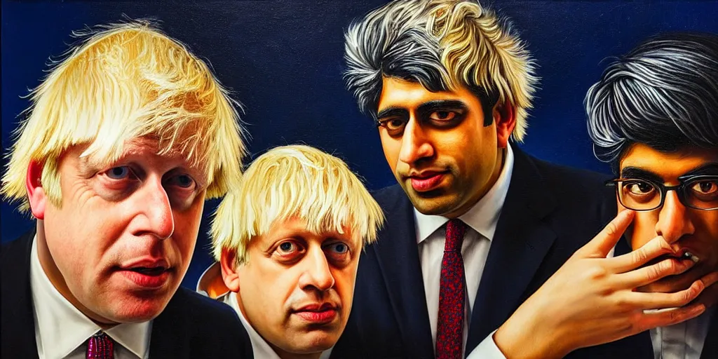 Image similar to rishi sunak and boris johnson in heaven, abstract oil painting by gottfried helnwein pablo amaringo raqib shaw zeiss lens sharp focus high contrast chiaroscuro gold complex intricate bejeweled