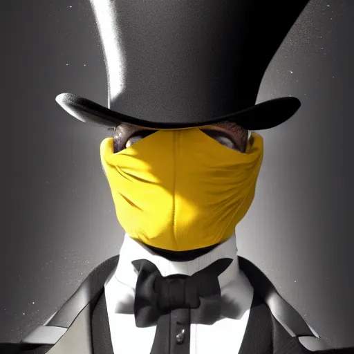 Image similar to a highly detailed portrait of a man in a high top hat covering his face, in a black tailcoat with a yellow waistcoat under the tailcoat, artstation, deviantart, professional, unreal engine 5, photorealistic