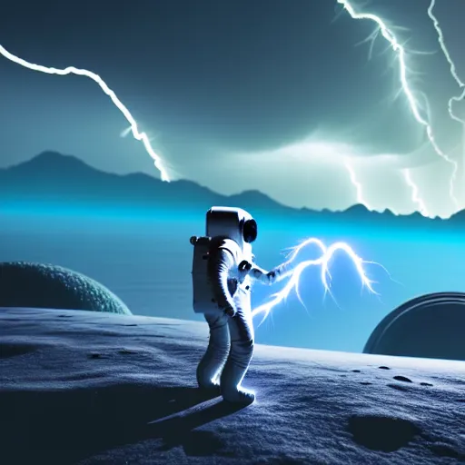 Image similar to astronaut finding a flower on an alien planet with mountains, water, strange clouds, hyper realistic, dramatic lightning, ray tracing, 8 k