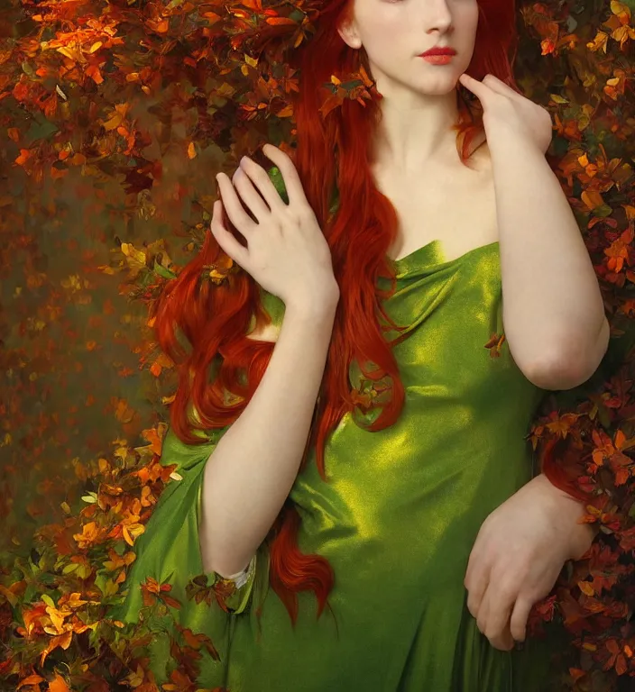 Image similar to portrait of a red haired woman wearing a green satin dress with fine gold filigree, autumn leaves falling, dramatic volumetric lighting, god rays, global illumination, soft, sharp focus, ivy, masterpiece, moss, trending on artstation, painting by Caravaggio and ruan jia and Daytoner and Alphonse Mucha