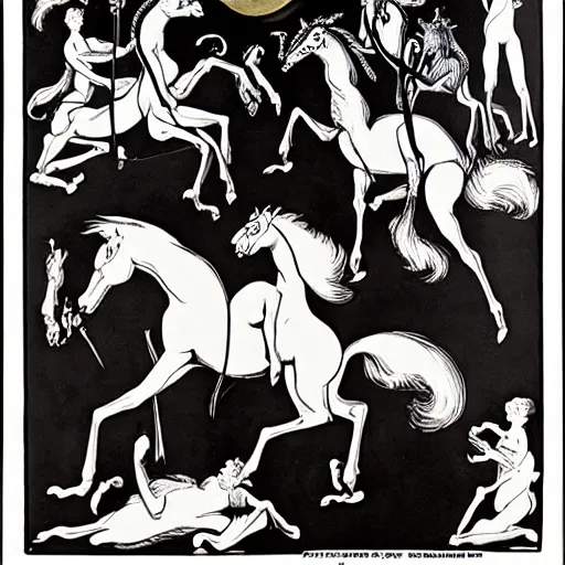 Image similar to four horsemen of the apocalypse, aubrey beardsley