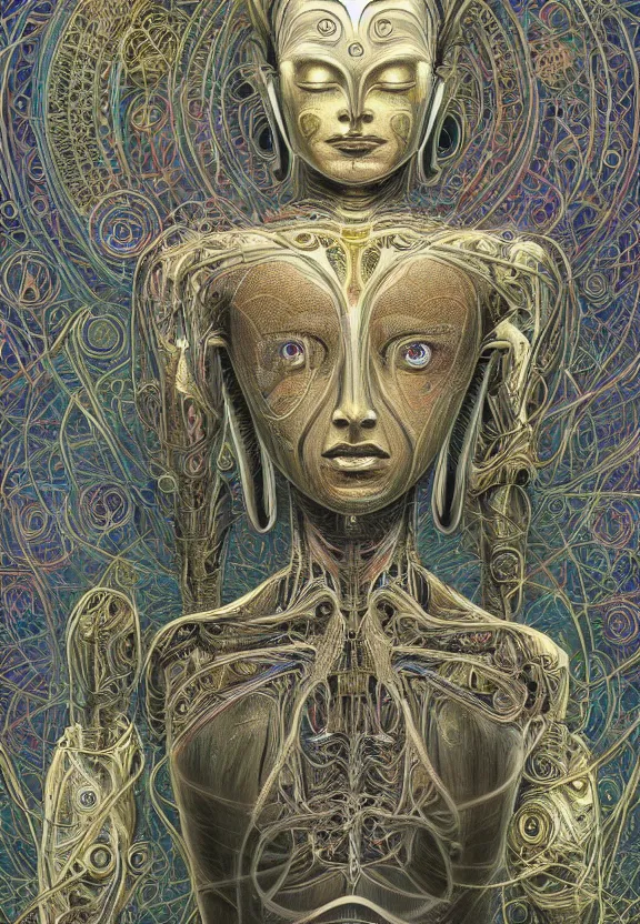 Prompt: perfectly centered symmetrical, front view of a beautiful biomechanical android alien robot buddha in meditating pose, female, flowing hair, intense stare, sarcastic smile, concept art, intricate detail, volumetric shadows and lighting, realistic oil painting by alex grey and gustave dore,