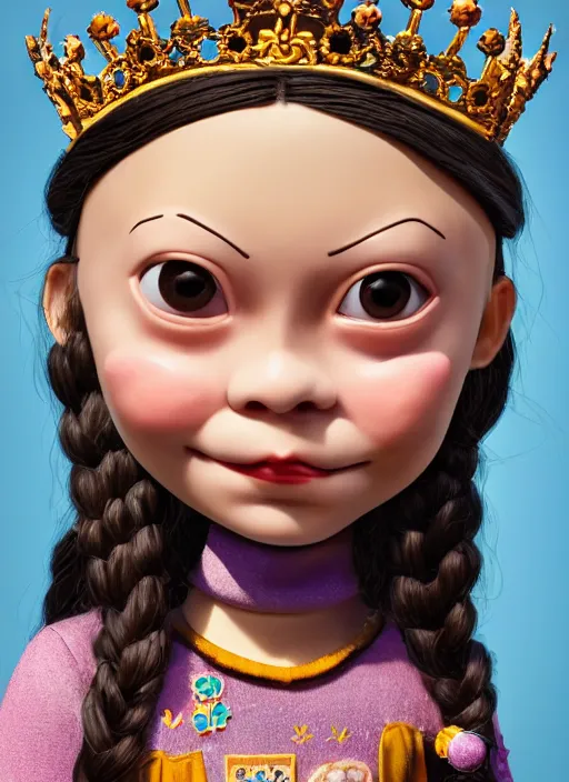 Image similar to closeup face profile portrait of tin toy greta thunberg as a fairytale goth princess wearing a crown eating cakes, bikini, depth of field, zeiss lens, detailed, symmetrical, centered, fashion photoshoot, by nicoletta ceccoli, mark ryden, lostfish, breathtaking, 8 k resolution, extremely detailed, beautiful, establishing shot, artistic, hyperrealistic, octane render