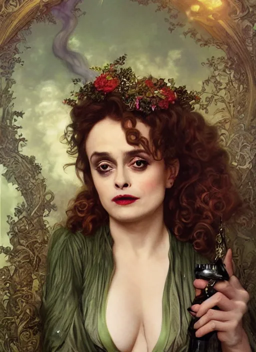 Image similar to portrait Helena Bonham Carter as a poison witch, full length shot, shining, 8k highly detailed, sharp focus, illustration, art by artgerm, mucha, bouguereau