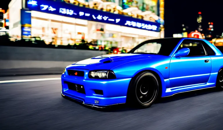 Prompt: wideshot of a Bayside Blue R34 Skyline GT-R driving in tokyo at night, highly detailed, 4k photo, shot with sony alpha