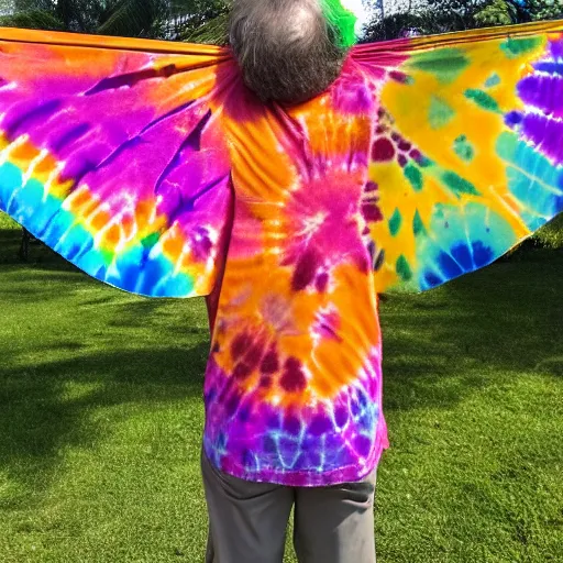 Prompt: a man tie dyed Hawaiian shirt with butterfly wings holding a copper goblet