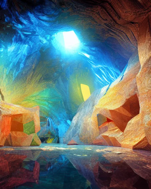 Image similar to the most beautiful star system inside of a crystal clear cave,, coherent design, symmetrical, concept art, vivid color, complementary color, golden ratio, detailed, sharp lines, intricate, rainbowshift, in unreal engine, octane render