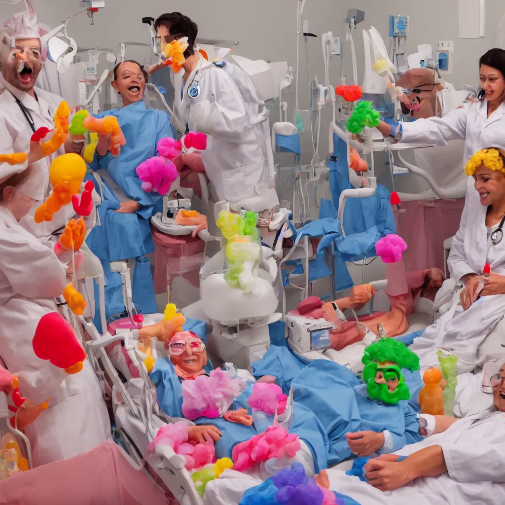 Image similar to photo of a happy patient and doctor or nurse in a hospital room made out of soft candy, candy hospital equipment, candy hospital room, candy treatments, oompa loompa virus, willy wonka pandemic