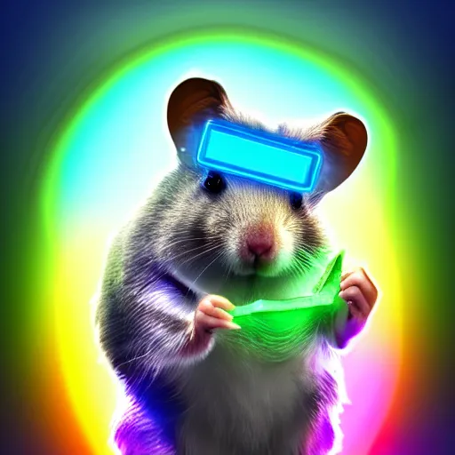 Image similar to cyberpunk hamster! holding rainbow! gem! crystal, neon lights, light reflection, logo, 8 k, hd