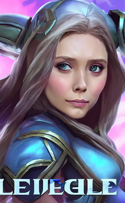 Image similar to Elizabeth Olsen as a character in the game League of Legends, with a background based on the game League of Legends, detailed face, old 3d graphics