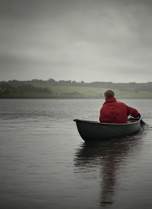 Image similar to a man in a boat in carrick - on - shannon ireland, cinematic, ultra detailed, 8 k, concept art, lisa yuskavage