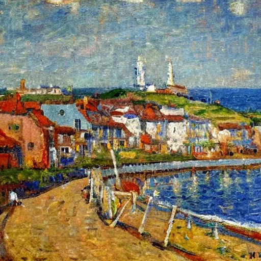 Image similar to a town by the seaside, impressionist