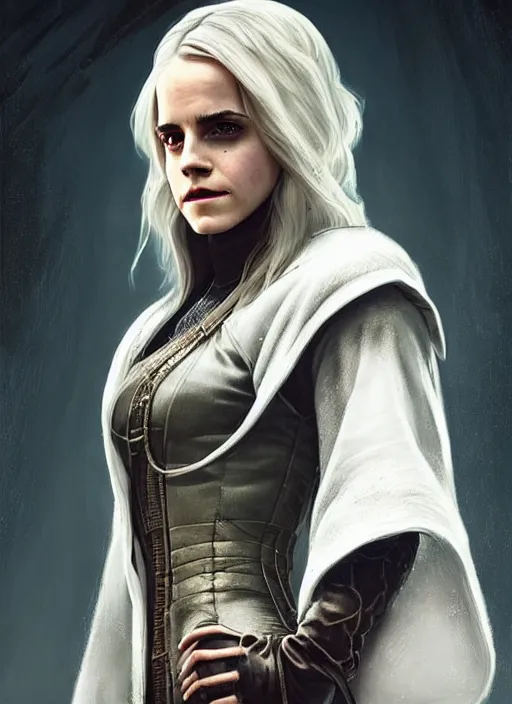 Image similar to portrait of Emma Watson from the Witcher wearing a wizard robe outfit as a character from Cyberpunk 2077, looking at camera, intricate, elegant, sci-fi, extremely detailed, digital painting, artstation, concept art, smooth, sharp focus, illustration, ambient lighting, incredible art by artgerm and greg rutkowski and alphonse mucha and simon stalenhag