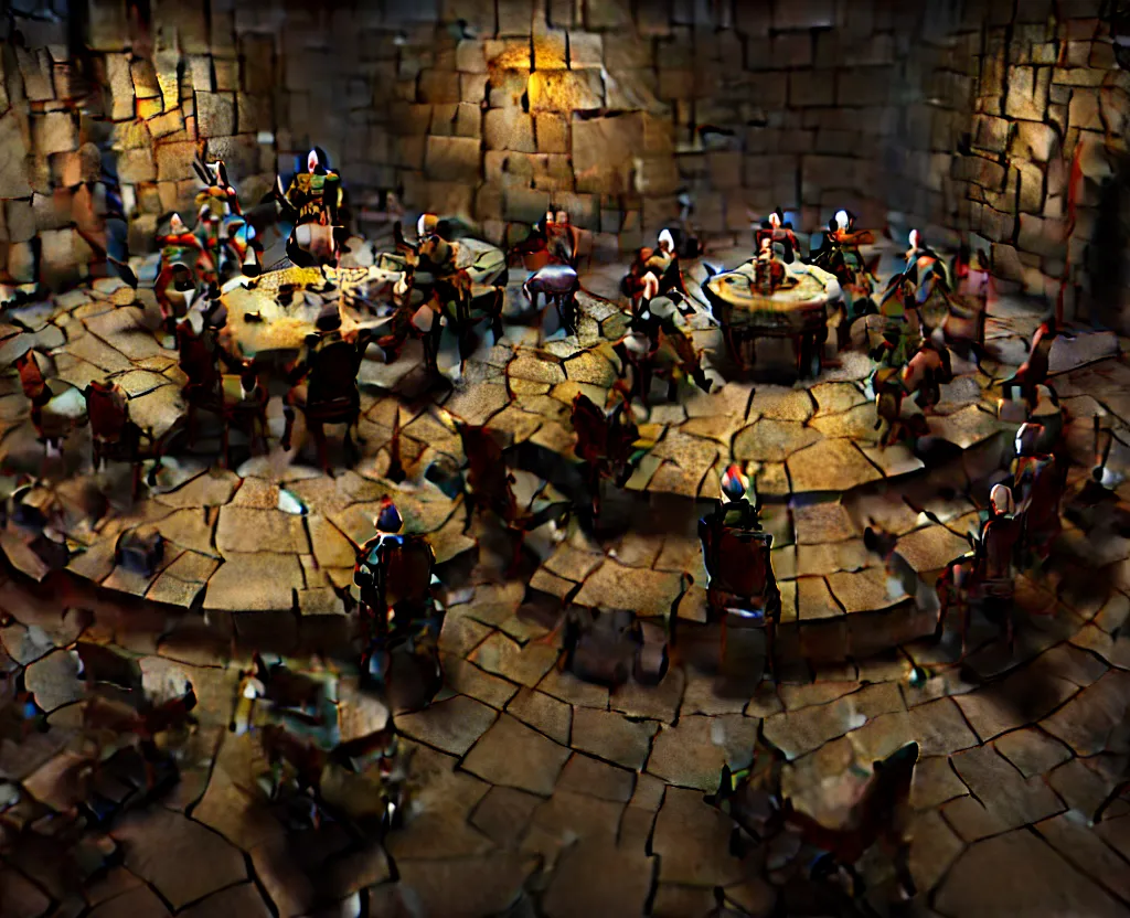 Prompt: the forbidden underground meetings of the traitors, a dimly lit stone room, some old chairs, all traitors are standing around a roundtable debating how to kill the king, cinematic landscape, betrayal in the air, octane render, artstation