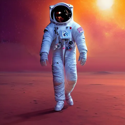 Image similar to wide angle shot from below of nicolas cage astronaut walking with swagger towards camera on mars in an infinite universe, synthwave digital art