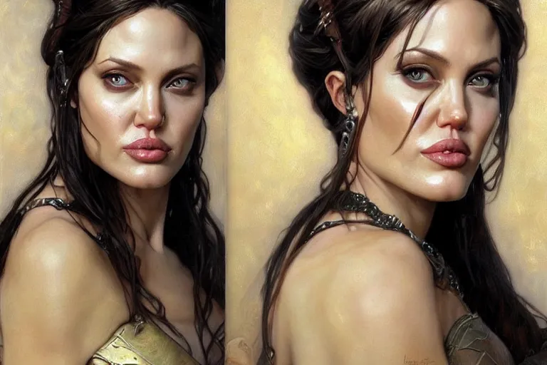 Image similar to a beautiful realistic painting of angelina jolie as xena, intricate, elegant, highly detailed, digital painting, artstation, concept art, by krenz cushart and artgem demura and alphonse mucha