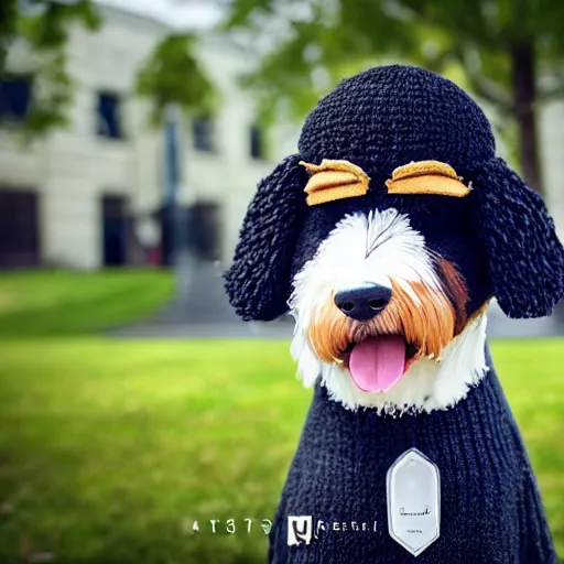 Image similar to a closeup photorealistic photograph of a cute smiling knitted bernedoodle judge dog dressed in a black gown, presiding over the courthouse. indoor image, professional capture, well lit shot. this 4 k hd image is trending on artstation, featured on behance, well - rendered, extra crisp, features intricate detail, epic composition and the style of unreal engine.