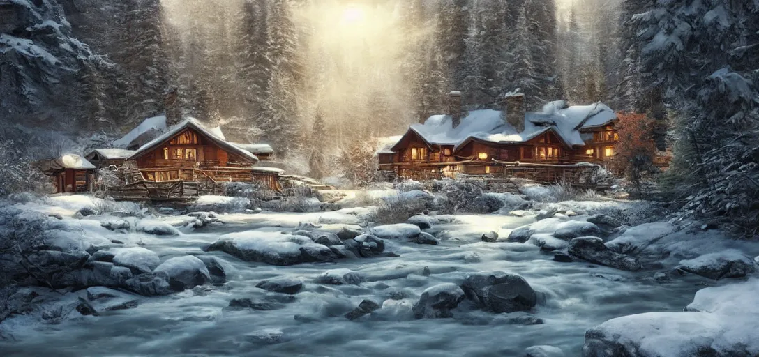 Image similar to a single cozy lodge beside a river stream in the canadian wilderness in winter, dramatic lighting, cinematic, establishing shot, extremely high detail, photo realistic, cinematic lighting, post processed, concept art, artstation, matte painting, style by eddie mendoza, raphael lacoste, alex ross