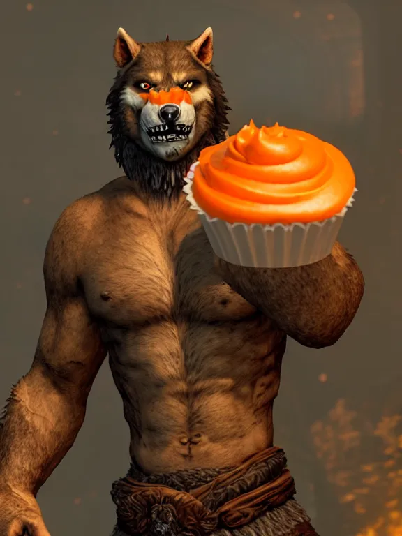 Prompt: cute handsome cuddly burly surly relaxed calm timid werewolf from van helsing holding a delicious cupcake with orange frosting in a candy shop sweet unreal engine hyperreallistic render 8k character concept art masterpiece screenshot from the video game the Elder Scrolls V: Skyrim