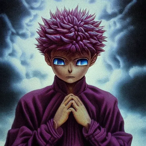 Prompt: killua zoldyck made by zdzisław beksinski, thunderstorm, 8 k, detailed, cinematic, rain, crying, purple, rage, revenge, cold scene, powerful scene, last episode xd, small eyes