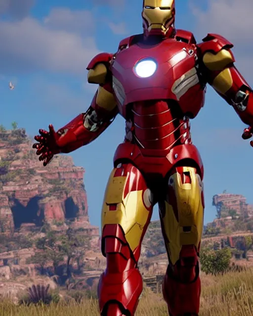 Image similar to robust and bulky iron man suit in red dead redemption 2, cinematic, photorealistic