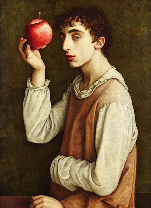 Image similar to (((( a painting of a Timothee Chalamet EATING an APPLE, a character portrait by Dürer, behance, pre-raphaelitism, da vinci,y pre-raphaelite, detailed painting“