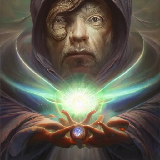 Image similar to the creator of worlds wearing a cloak and holding a holographic planet projection in his hand, detailed, sci - fi, digital painting, artstation, sharp focus, illustration, ominous, artgerm, tomasz alen kopera, peter mohrbacher, donato giancola, joseph christian leyendecker, wlop, frank frazetta