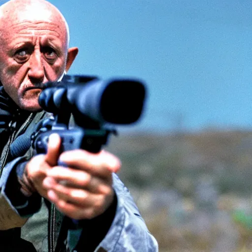 Prompt: Film still of Mike Ehrmantraut aiming a !!!sniper rifle!!!, 4k, !!highly detailed!!