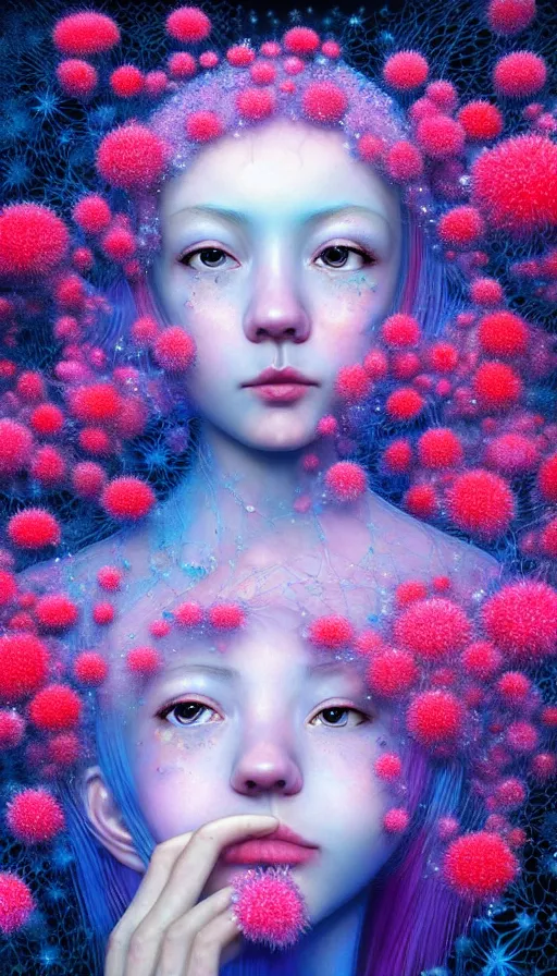 Image similar to hyper detailed 3d render like a Oil painting - kawaii portrait Aurora (Singer) seen Eating of the Strangling network of prussian blue and aerochrome and milky Fruit and Her delicate Hands hold of gossamer polyp blossoms bring iridescent fungal flowers whose spores black the foolish stars by Jacek Yerka, Mariusz Lewandowski, Houdini algorithmic generative render, Abstract brush strokes, Masterpiece, Edward Hopper and James Gilleard, Zdzislaw Beksinski, Mark Ryden, Wolfgang Lettl, hints of Yayoi Kasuma, octane render, 8k