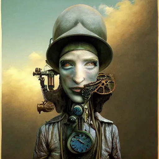 Prompt: a hyperrealistic painting of a steampunk uma thurman, blue skies, by john kenn mortensen and zdzislaw beksinski, highly detailed, vivid color,