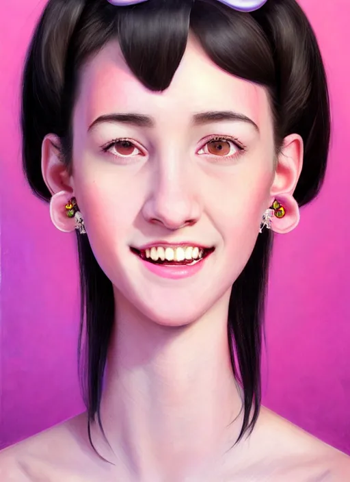 Image similar to portrait of high school girl, realistic, black hair, bangs, half updo hairstyle, pointy nose, skinny, smile, ugly, defined jawline, big chin, pink hair bow, earrings, intricate, elegant, glowing lights, highly detailed, digital painting, artstation, sharp focus, illustration, art by wlop, mars ravelo and greg rutkowski