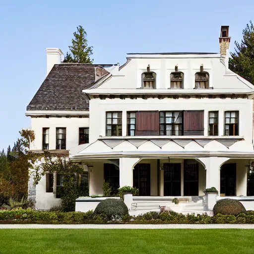 Prompt: stucco tudor with wood and tile white being mansion by mcalpine house, by jackson & leroy architects