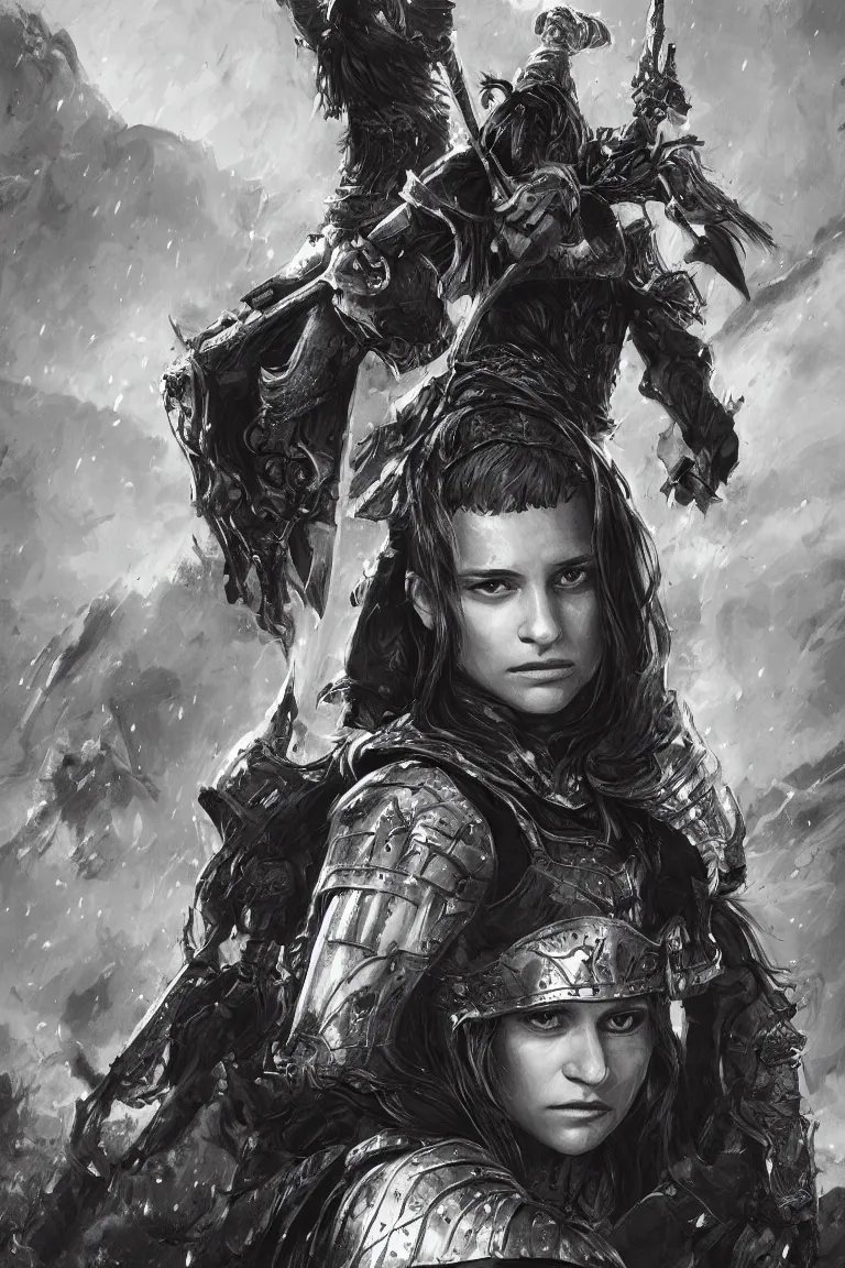 Prompt: alicia vikander as a knight | emotional, angry, screaming | combat | black and white manga | high quality scan, trending on artstation