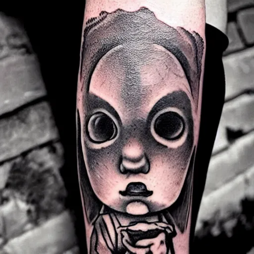 Image similar to tattoo of a creepy child, dark, scary, horror, high detail