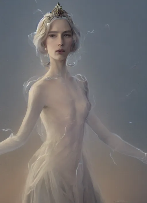 Image similar to hyper realistic photo of baroque luxury queen ethereal floating ghost full body, symmetric, rule of thirds, cinematic, artstation, cgsociety, greg rutkowski, james gurney brom